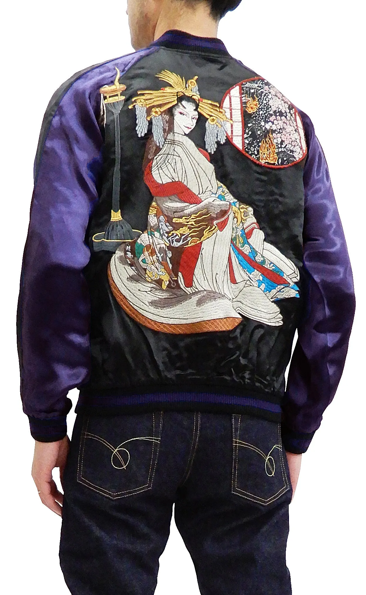 Satori Script Men's Japanese Souvenir Jacket Geisha Oiran Sukajan GSJR-021 Black/Dark-Blue