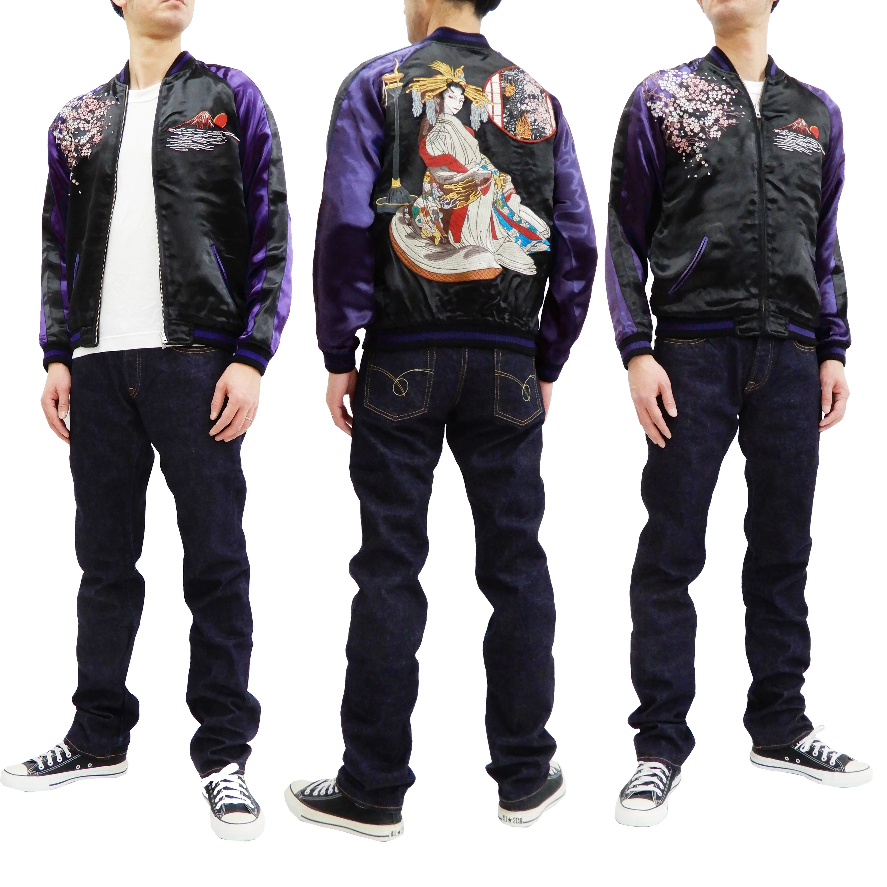 Satori Script Men's Japanese Souvenir Jacket Geisha Oiran Sukajan GSJR-021 Black/Dark-Blue