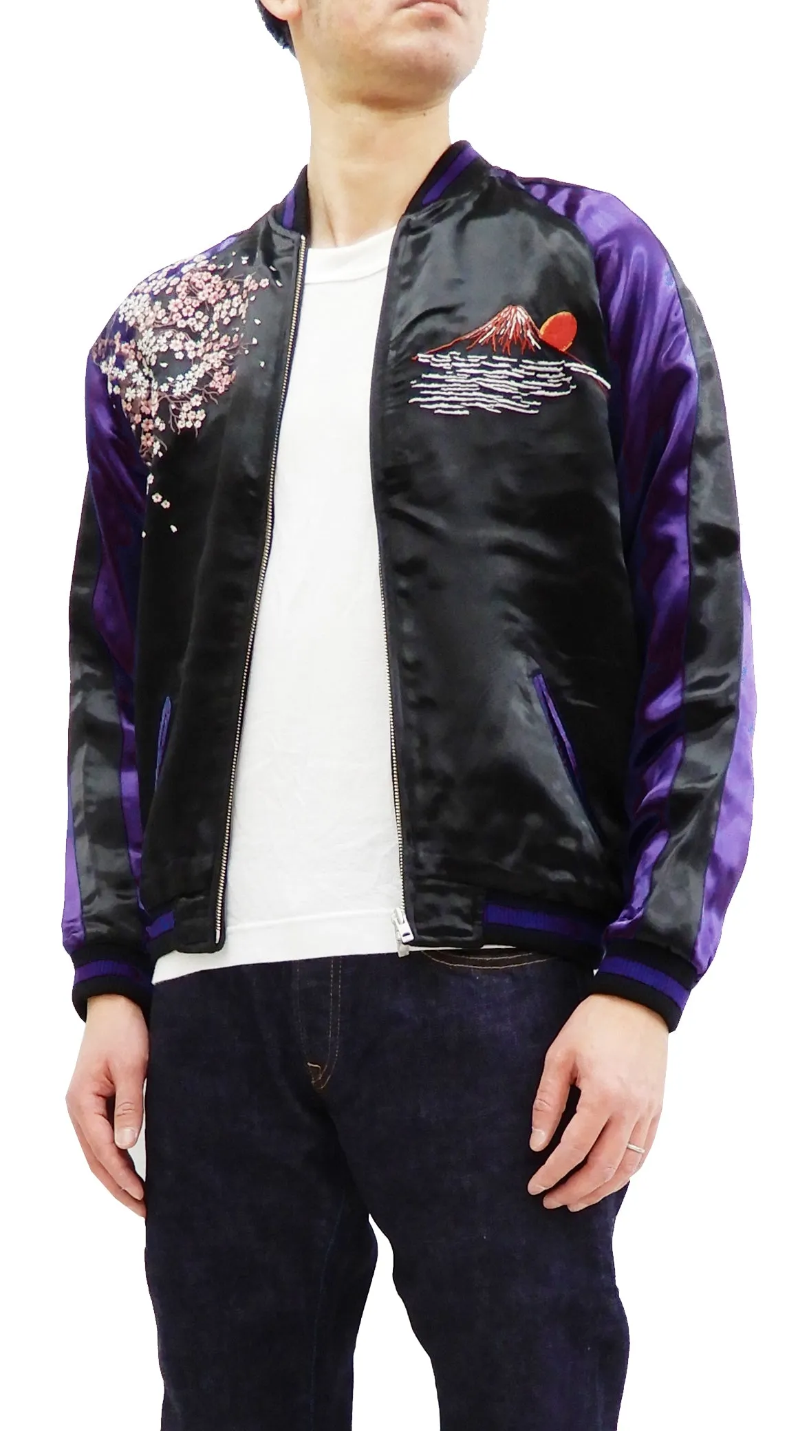 Satori Script Men's Japanese Souvenir Jacket Geisha Oiran Sukajan GSJR-021 Black/Dark-Blue
