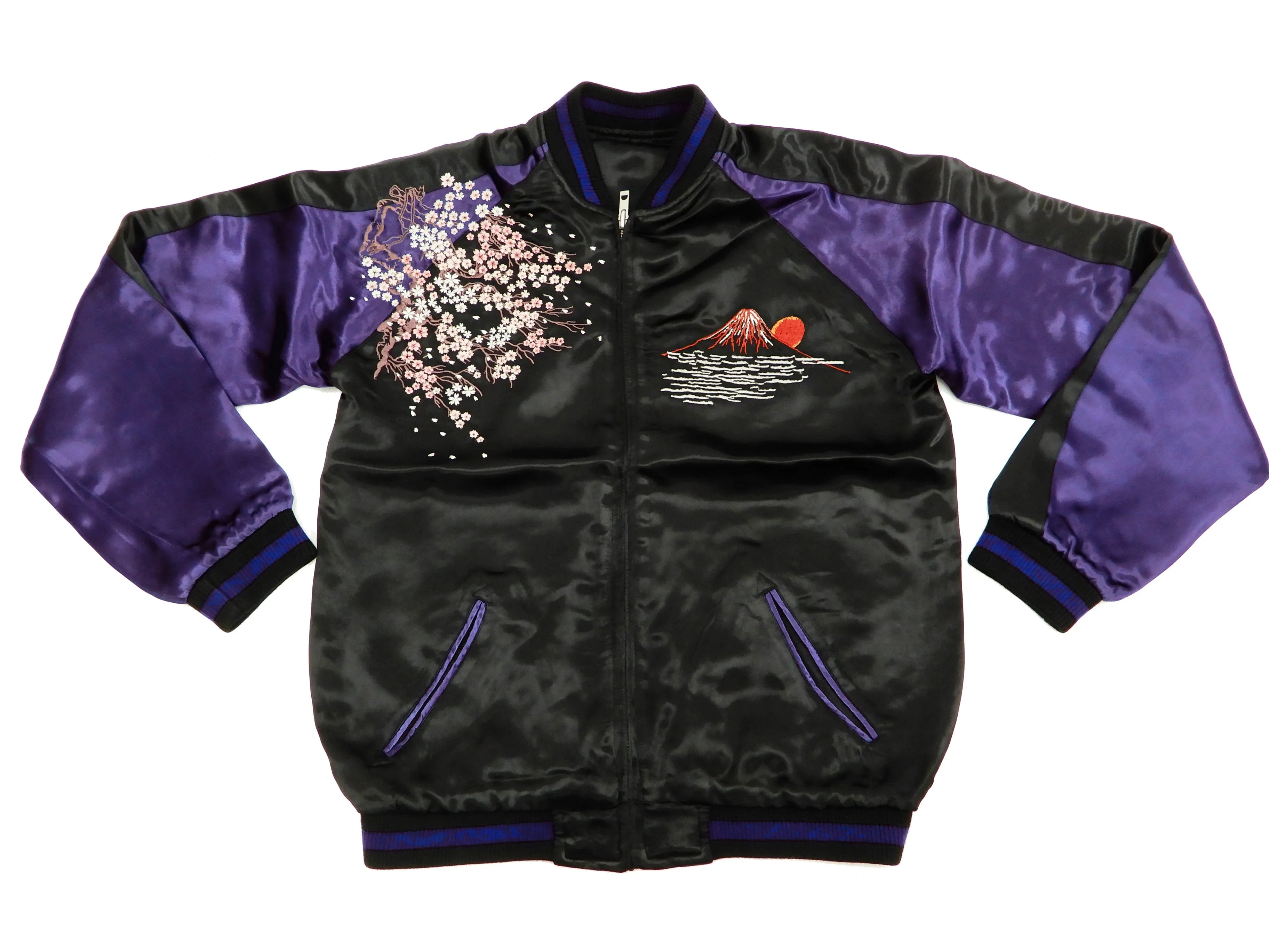 Satori Script Men's Japanese Souvenir Jacket Geisha Oiran Sukajan GSJR-021 Black/Dark-Blue