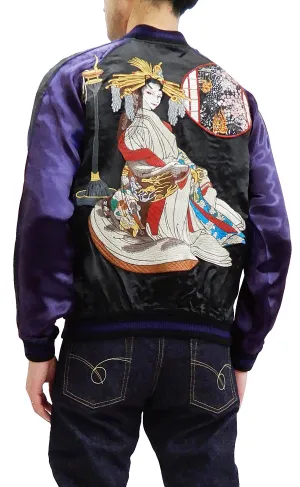 Satori Script Men's Japanese Souvenir Jacket Geisha Oiran Sukajan GSJR-021 Black/Dark-Blue