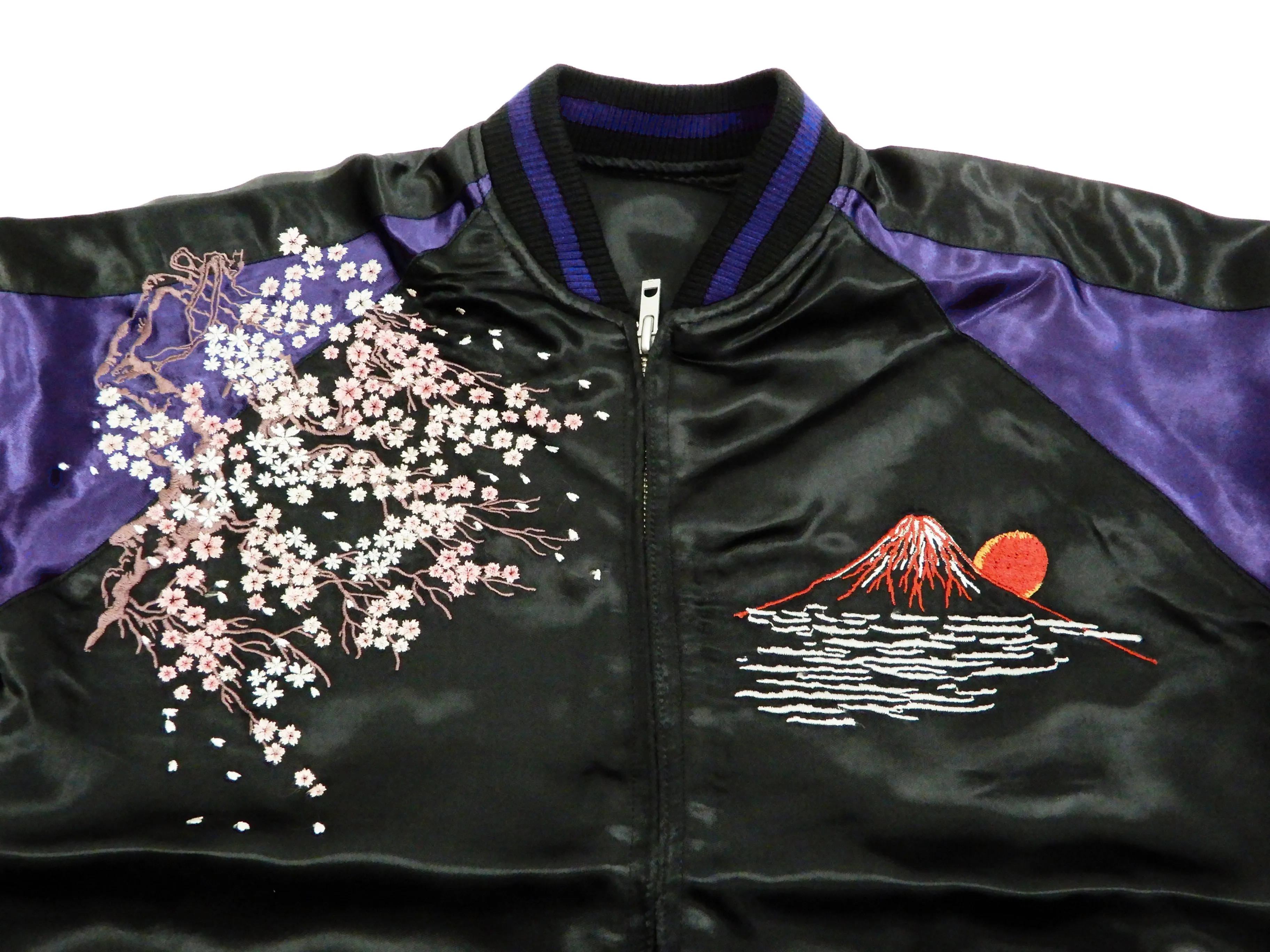 Satori Script Men's Japanese Souvenir Jacket Geisha Oiran Sukajan GSJR-021 Black/Dark-Blue