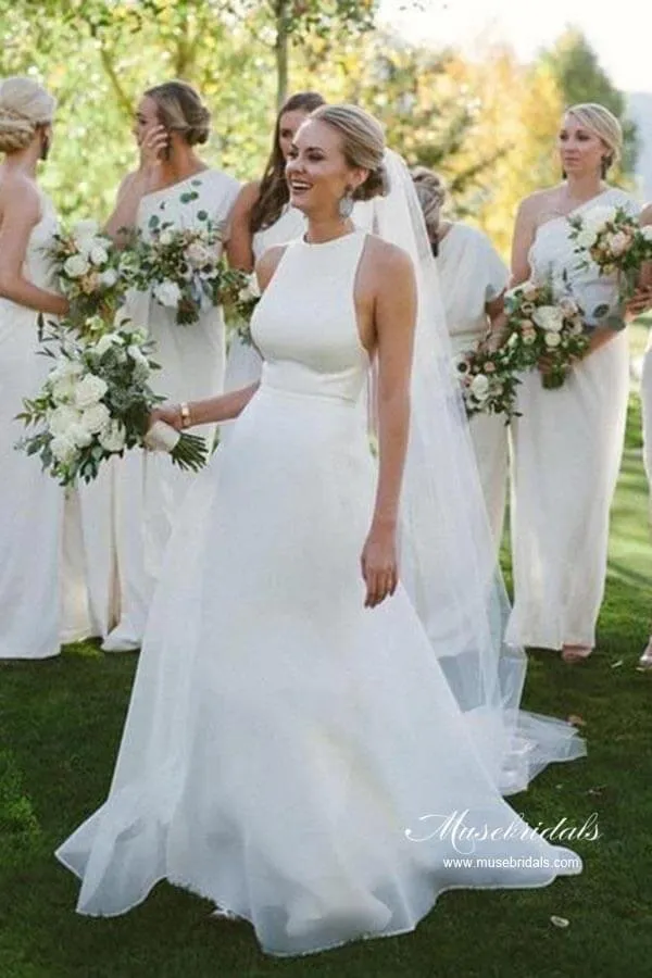 Simple Satin A-line Halter Sleeveless Featured Back Wedding Dresses, MW947