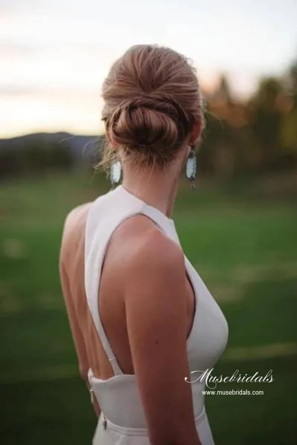 Simple Satin A-line Halter Sleeveless Featured Back Wedding Dresses, MW947