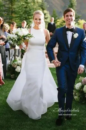 Simple Satin A-line Halter Sleeveless Featured Back Wedding Dresses, MW947
