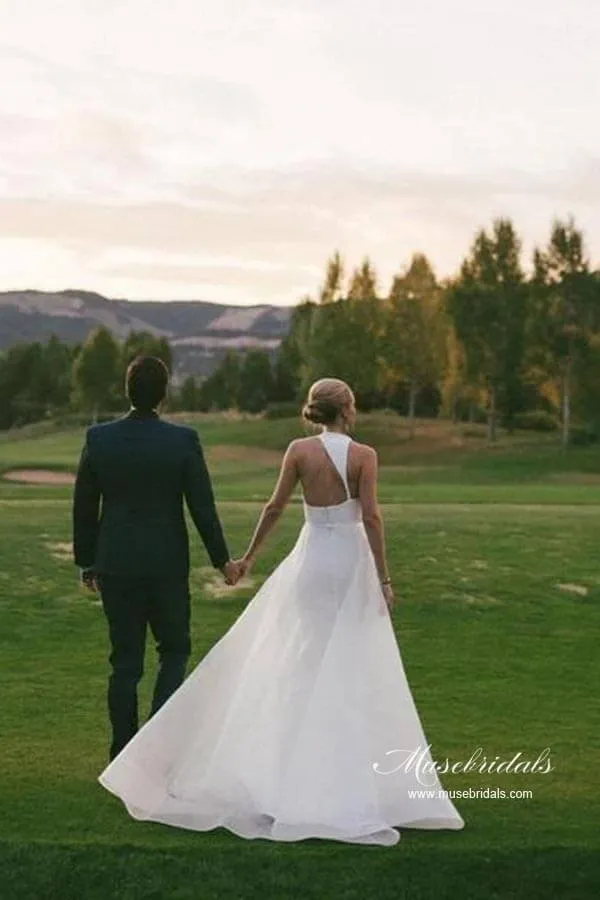 Simple Satin A-line Halter Sleeveless Featured Back Wedding Dresses, MW947