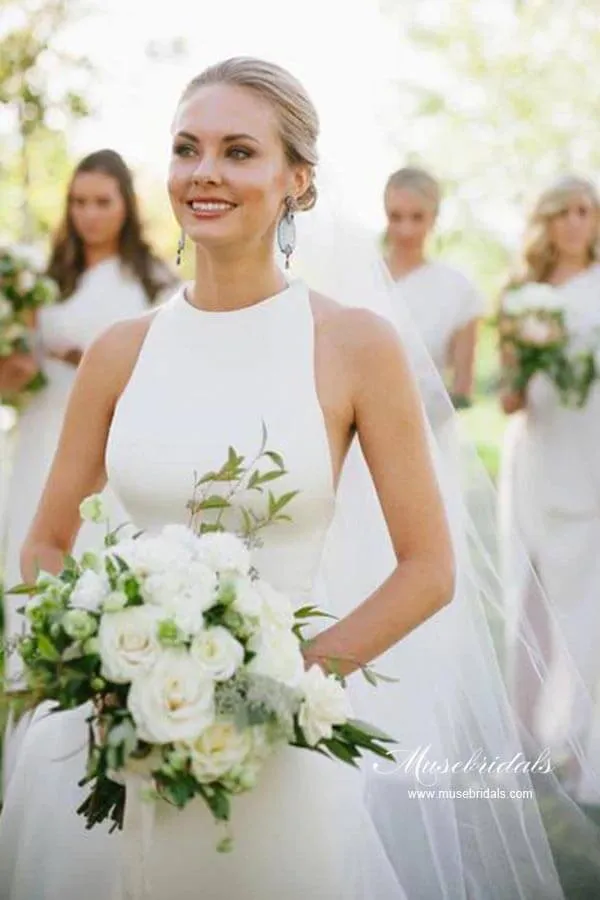 Simple Satin A-line Halter Sleeveless Featured Back Wedding Dresses, MW947