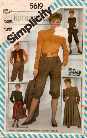 Simplicity 5619 Womens Knickerbockers Circle Skirt Blouse Vest & Jacket 1980s Vintage Sewing Pattern Size 12 UNCUT Factory Folded