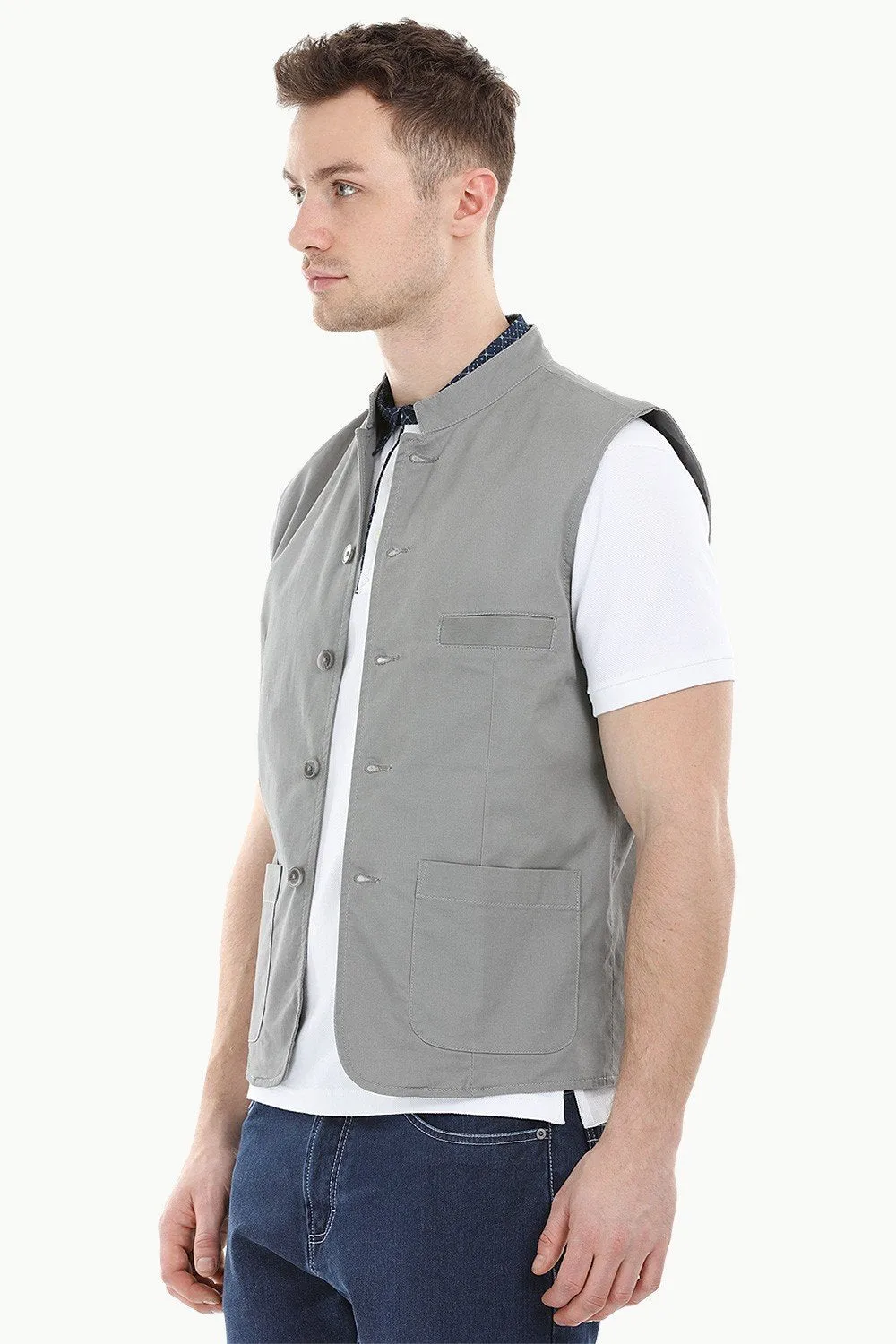 Sleeveless Nehru Stone Grey Jacket