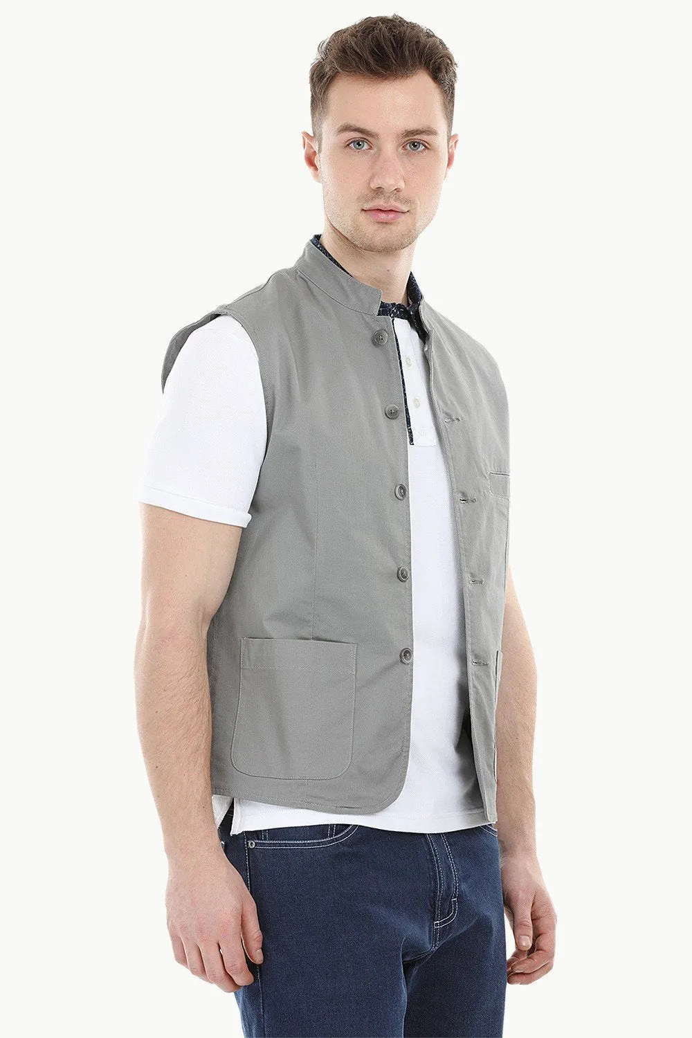 Sleeveless Nehru Stone Grey Jacket