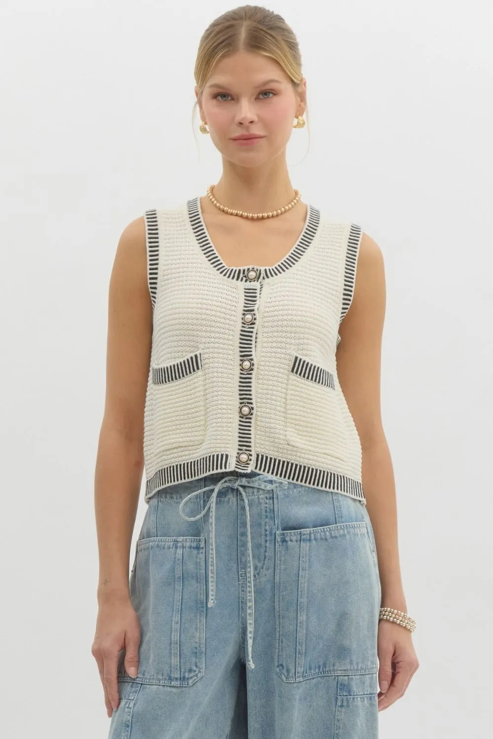 Sleeveless Pearl Buttoned Vest {Cream}