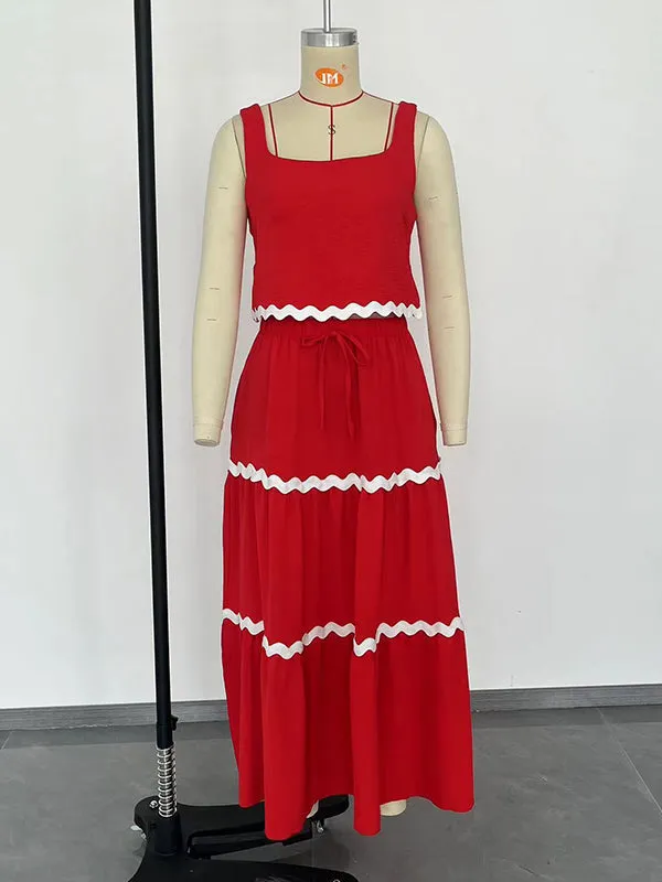 Sleeveless Striped Square-Neck Vest Top   A-Line High Waisted Drawstring Elasticity Pockets Skirts Bottom Two Pieces Set