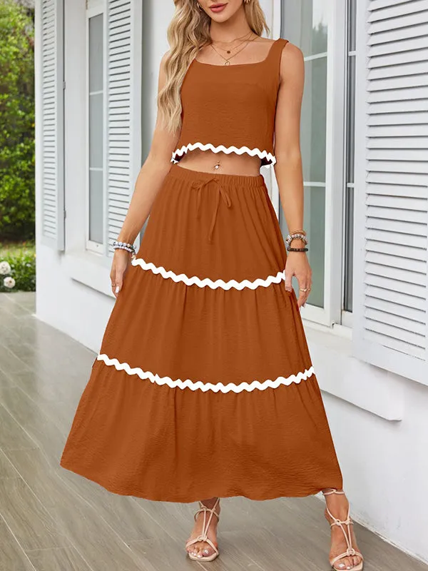 Sleeveless Striped Square-Neck Vest Top   A-Line High Waisted Drawstring Elasticity Pockets Skirts Bottom Two Pieces Set
