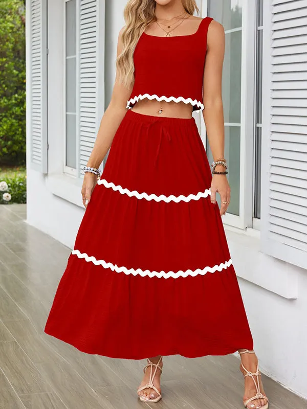 Sleeveless Striped Square-Neck Vest Top   A-Line High Waisted Drawstring Elasticity Pockets Skirts Bottom Two Pieces Set