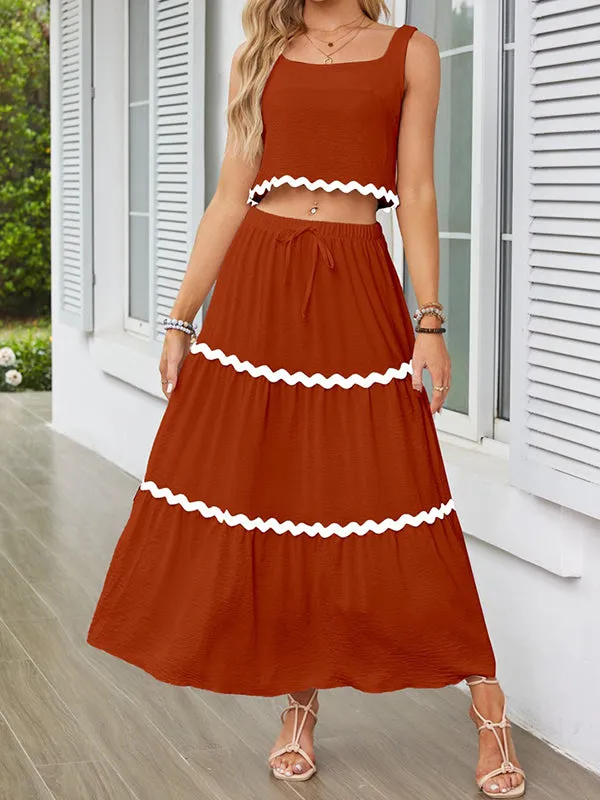 Sleeveless Striped Square-Neck Vest Top   A-Line High Waisted Drawstring Elasticity Pockets Skirts Bottom Two Pieces Set