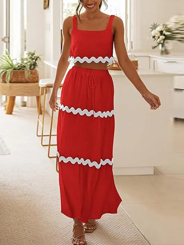 Sleeveless Striped Square-Neck Vest Top   A-Line High Waisted Drawstring Elasticity Pockets Skirts Bottom Two Pieces Set