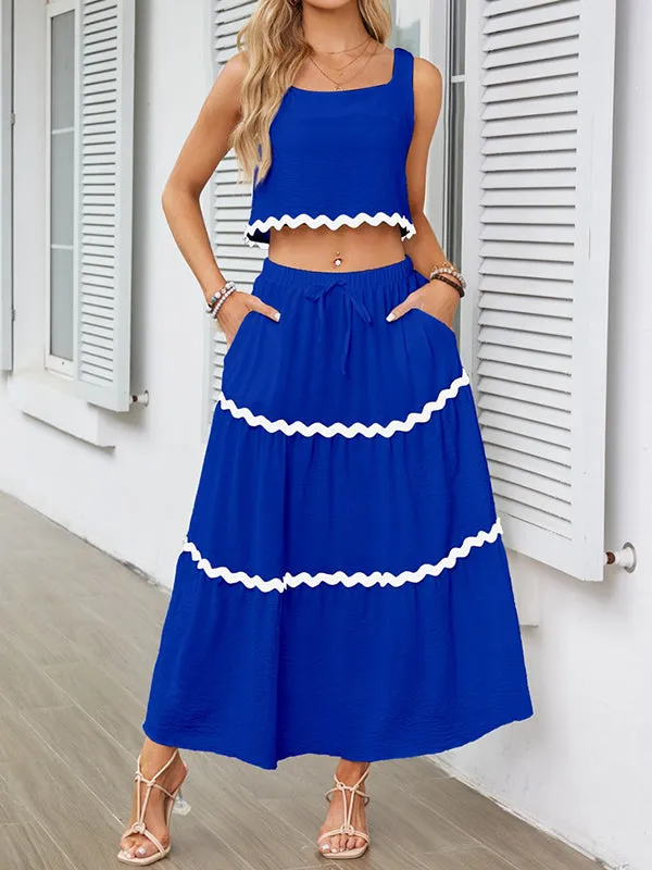Sleeveless Striped Square-Neck Vest Top   A-Line High Waisted Drawstring Elasticity Pockets Skirts Bottom Two Pieces Set