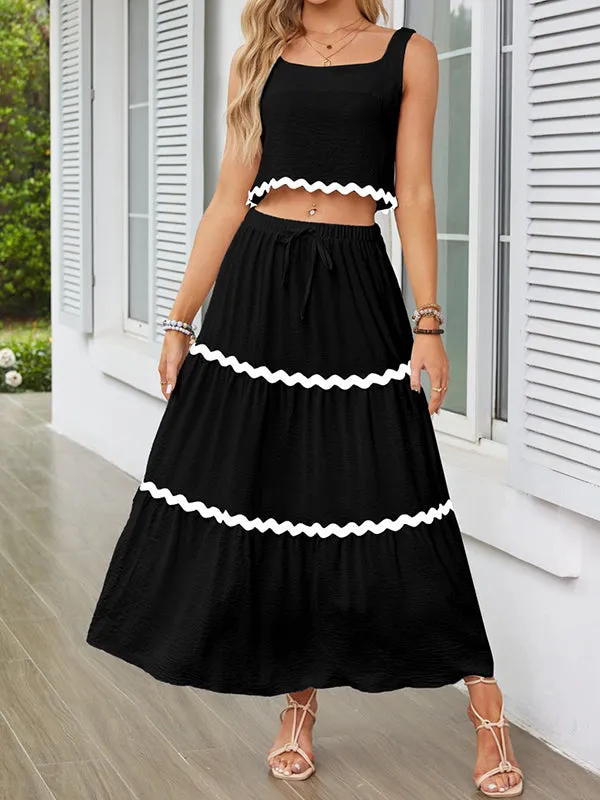 Sleeveless Striped Square-Neck Vest Top   A-Line High Waisted Drawstring Elasticity Pockets Skirts Bottom Two Pieces Set