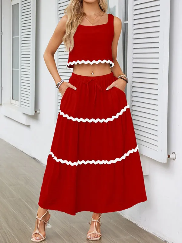 Sleeveless Striped Square-Neck Vest Top   A-Line High Waisted Drawstring Elasticity Pockets Skirts Bottom Two Pieces Set
