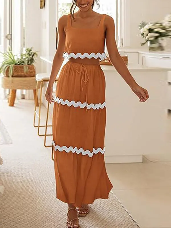Sleeveless Striped Square-Neck Vest Top   A-Line High Waisted Drawstring Elasticity Pockets Skirts Bottom Two Pieces Set