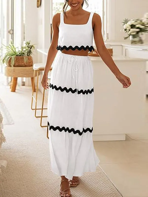 Sleeveless Striped Square-Neck Vest Top   A-Line High Waisted Drawstring Elasticity Pockets Skirts Bottom Two Pieces Set