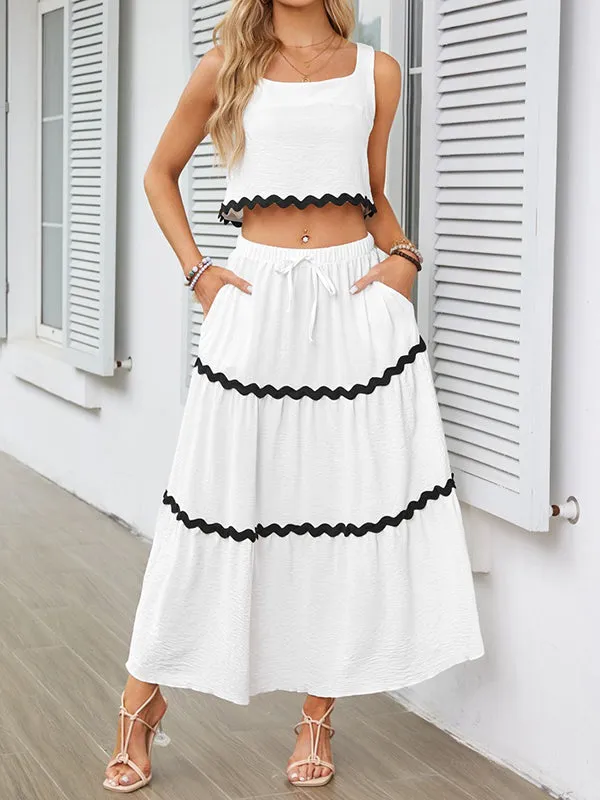 Sleeveless Striped Square-Neck Vest Top   A-Line High Waisted Drawstring Elasticity Pockets Skirts Bottom Two Pieces Set