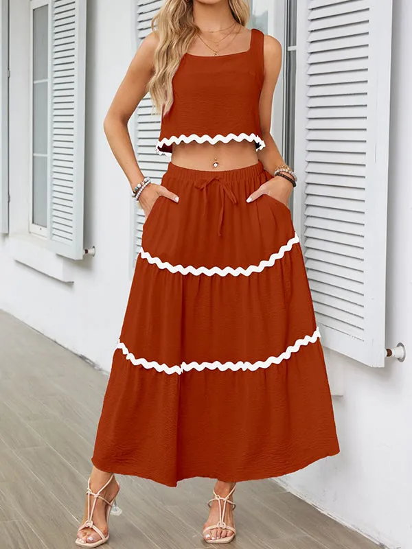 Sleeveless Striped Square-Neck Vest Top   A-Line High Waisted Drawstring Elasticity Pockets Skirts Bottom Two Pieces Set