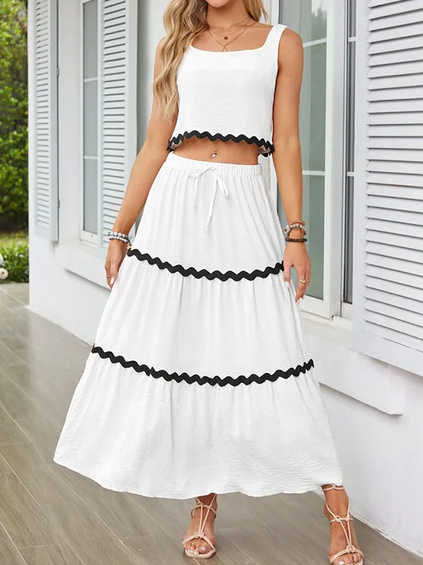 Sleeveless Striped Square-Neck Vest Top   A-Line High Waisted Drawstring Elasticity Pockets Skirts Bottom Two Pieces Set