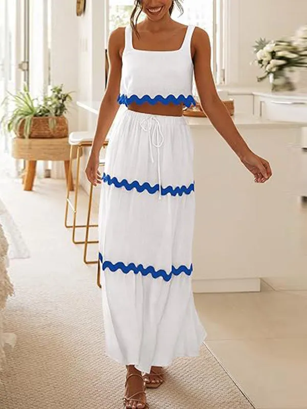 Sleeveless Striped Square-Neck Vest Top   A-Line High Waisted Drawstring Elasticity Pockets Skirts Bottom Two Pieces Set
