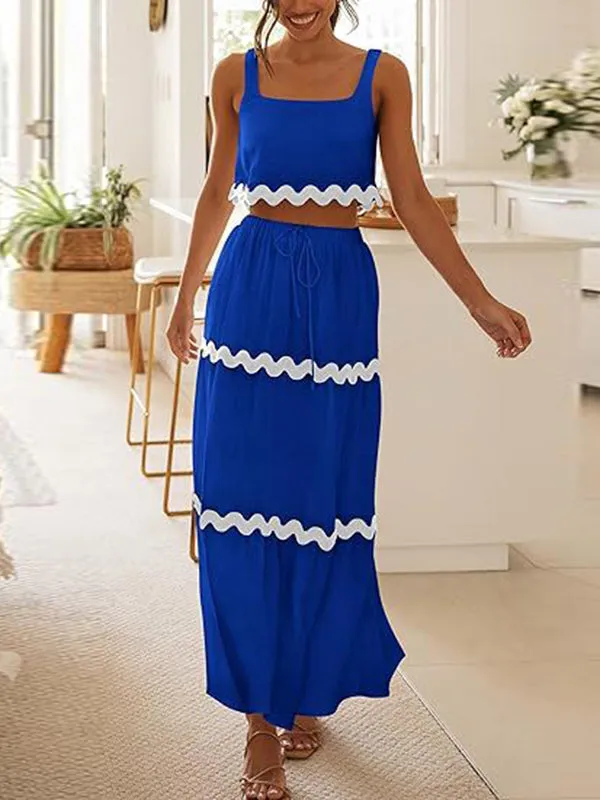 Sleeveless Striped Square-Neck Vest Top   A-Line High Waisted Drawstring Elasticity Pockets Skirts Bottom Two Pieces Set
