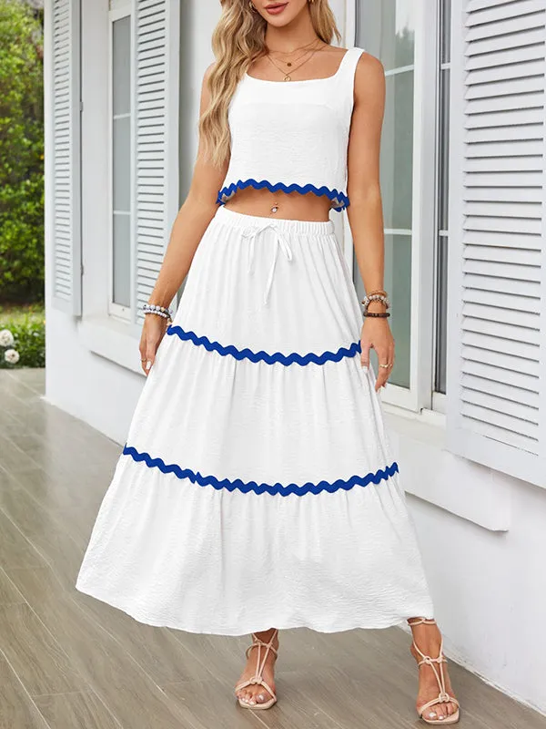 Sleeveless Striped Square-Neck Vest Top   A-Line High Waisted Drawstring Elasticity Pockets Skirts Bottom Two Pieces Set