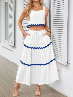 Sleeveless Striped Square-Neck Vest Top   A-Line High Waisted Drawstring Elasticity Pockets Skirts Bottom Two Pieces Set