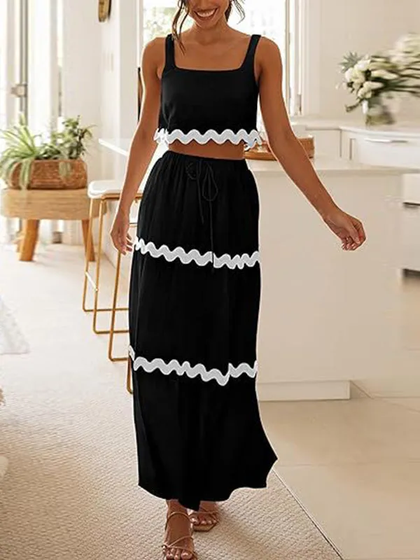 Sleeveless Striped Square-Neck Vest Top   A-Line High Waisted Drawstring Elasticity Pockets Skirts Bottom Two Pieces Set