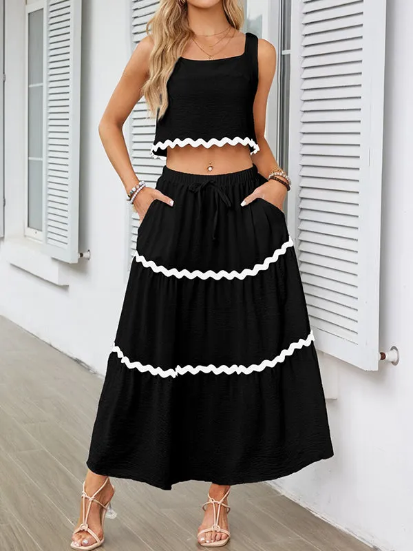 Sleeveless Striped Square-Neck Vest Top   A-Line High Waisted Drawstring Elasticity Pockets Skirts Bottom Two Pieces Set