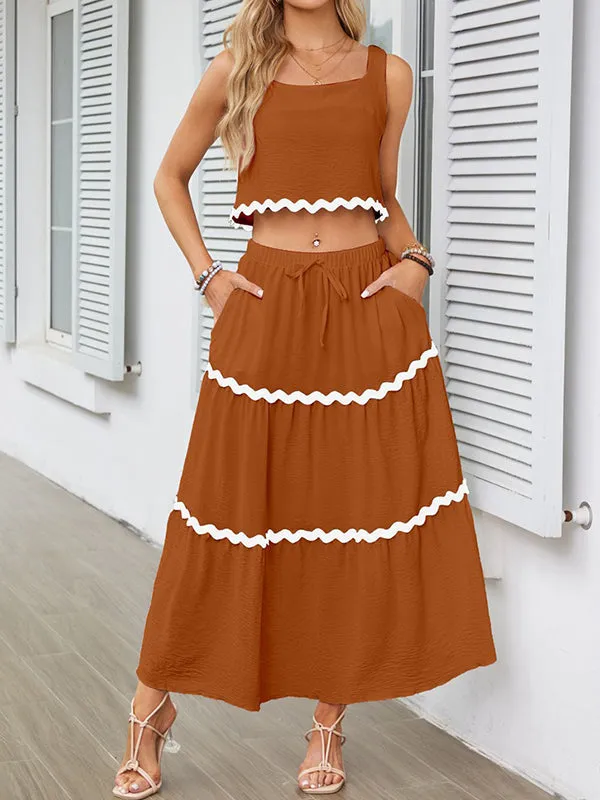 Sleeveless Striped Square-Neck Vest Top   A-Line High Waisted Drawstring Elasticity Pockets Skirts Bottom Two Pieces Set