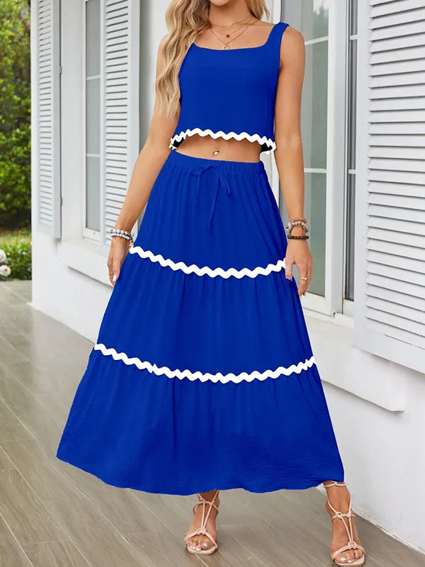 Sleeveless Striped Square-Neck Vest Top   A-Line High Waisted Drawstring Elasticity Pockets Skirts Bottom Two Pieces Set