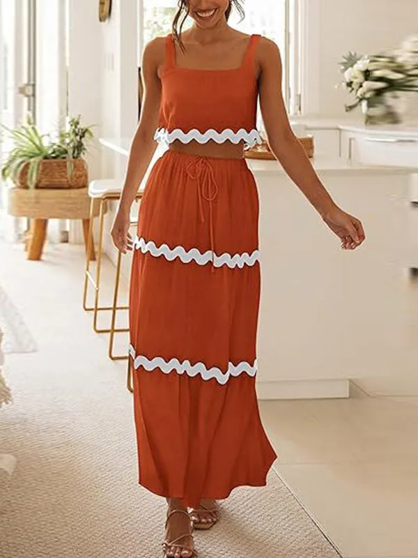 Sleeveless Striped Square-Neck Vest Top   A-Line High Waisted Drawstring Elasticity Pockets Skirts Bottom Two Pieces Set