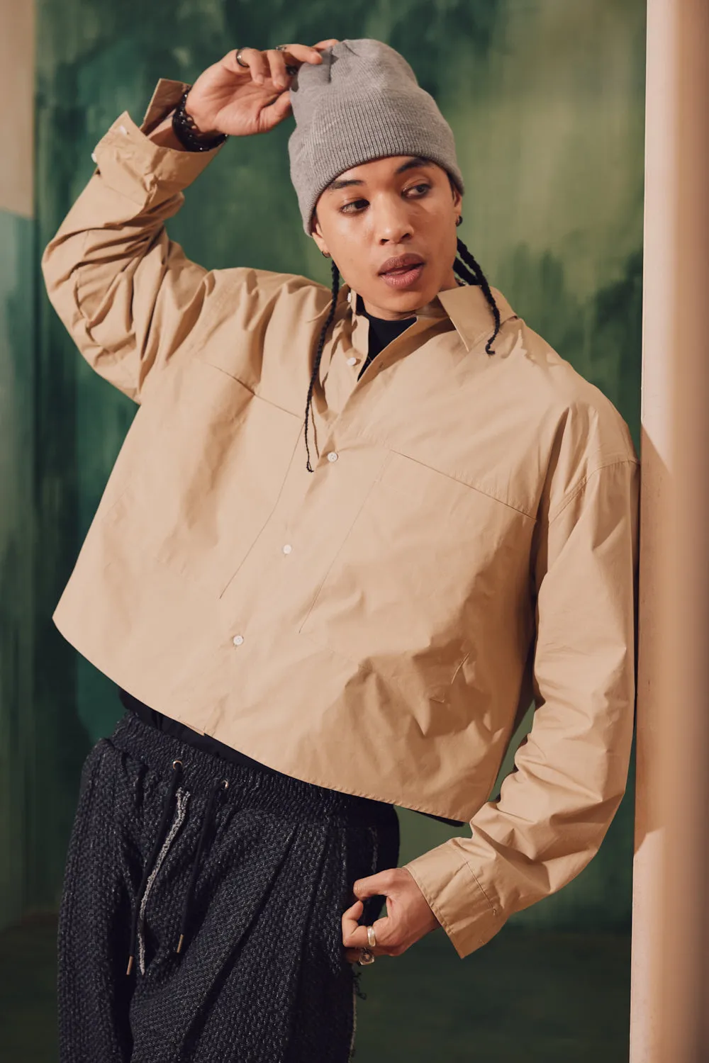 Slim Pocket Collared Long Sleeve Crop Shirt