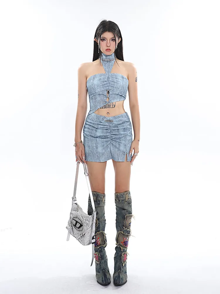 Sloan Blue Halter Neck Cut Out Asymmetrical Bandeau Top   High V-Waist Pleated Slim Mini Skirt Matching Set