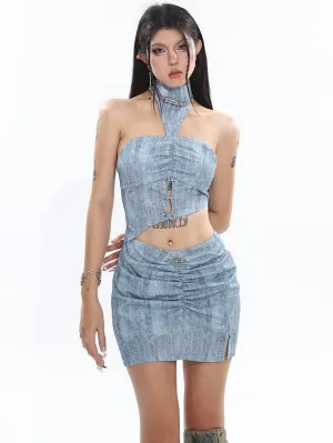 Sloan Blue Halter Neck Cut Out Asymmetrical Bandeau Top   High V-Waist Pleated Slim Mini Skirt Matching Set