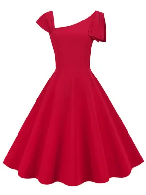 Solid Color Diagonal Collar 1950S Vintage Swing Dress
