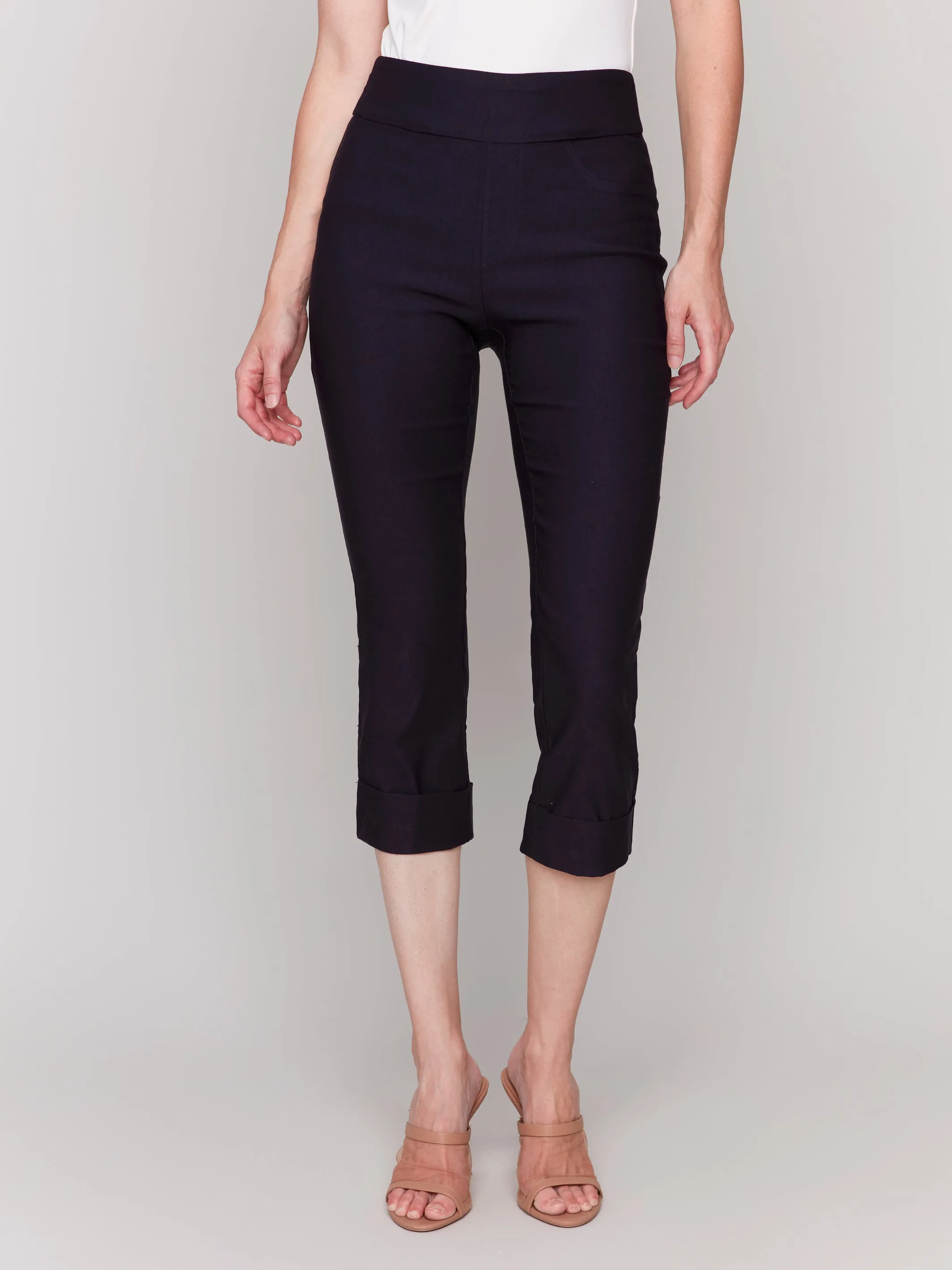 Solid Pull On Stretch Cropped Cuffed Pant