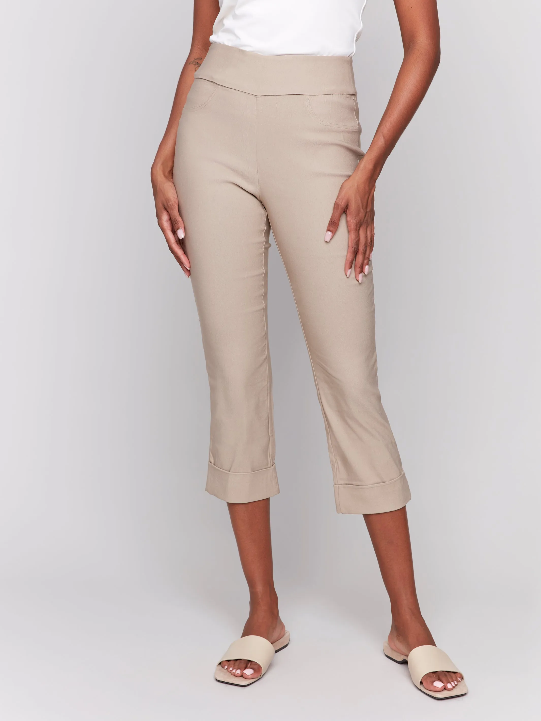 Solid Pull On Stretch Cropped Cuffed Pant