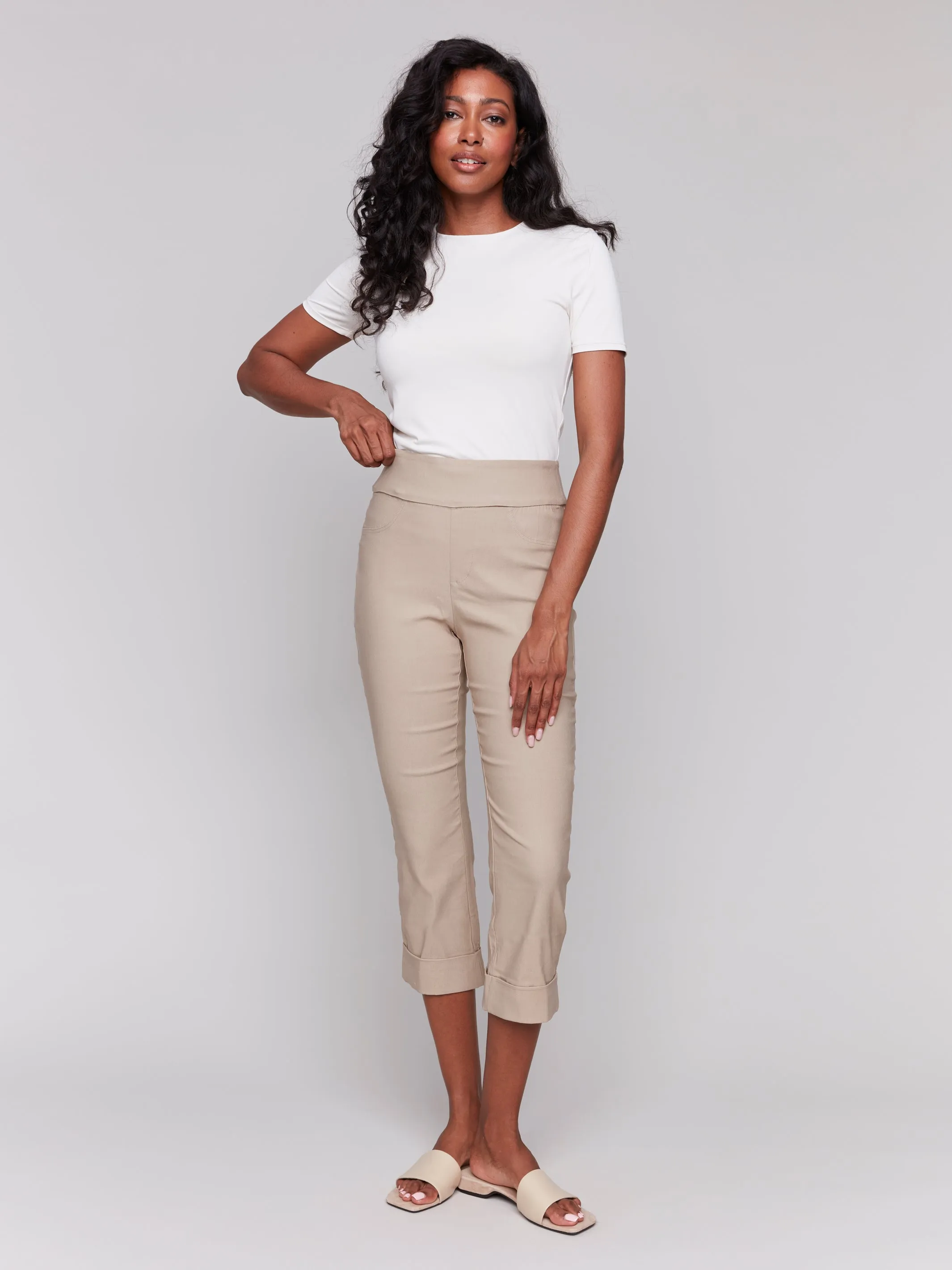 Solid Pull On Stretch Cropped Cuffed Pant