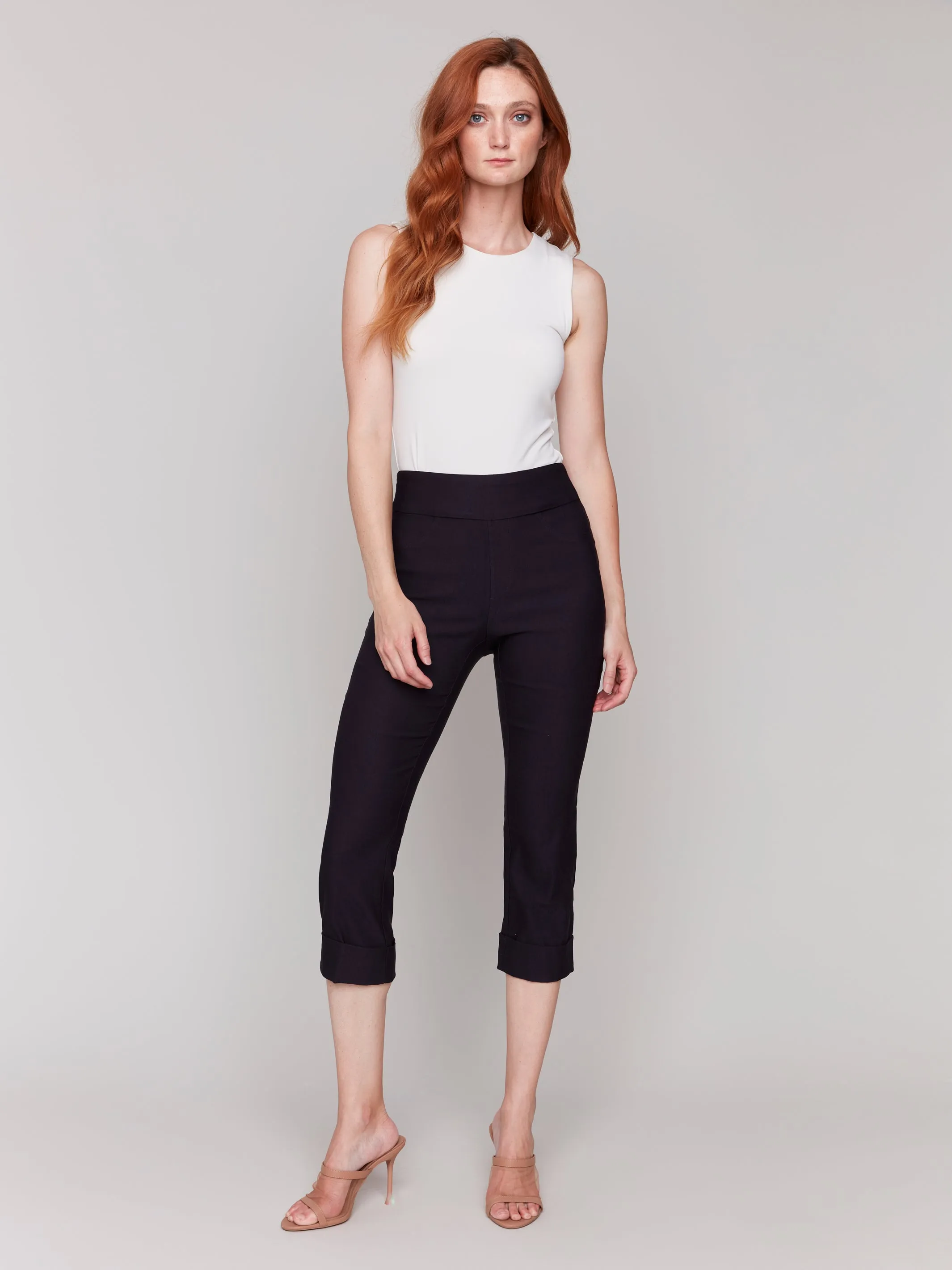 Solid Pull On Stretch Cropped Cuffed Pant