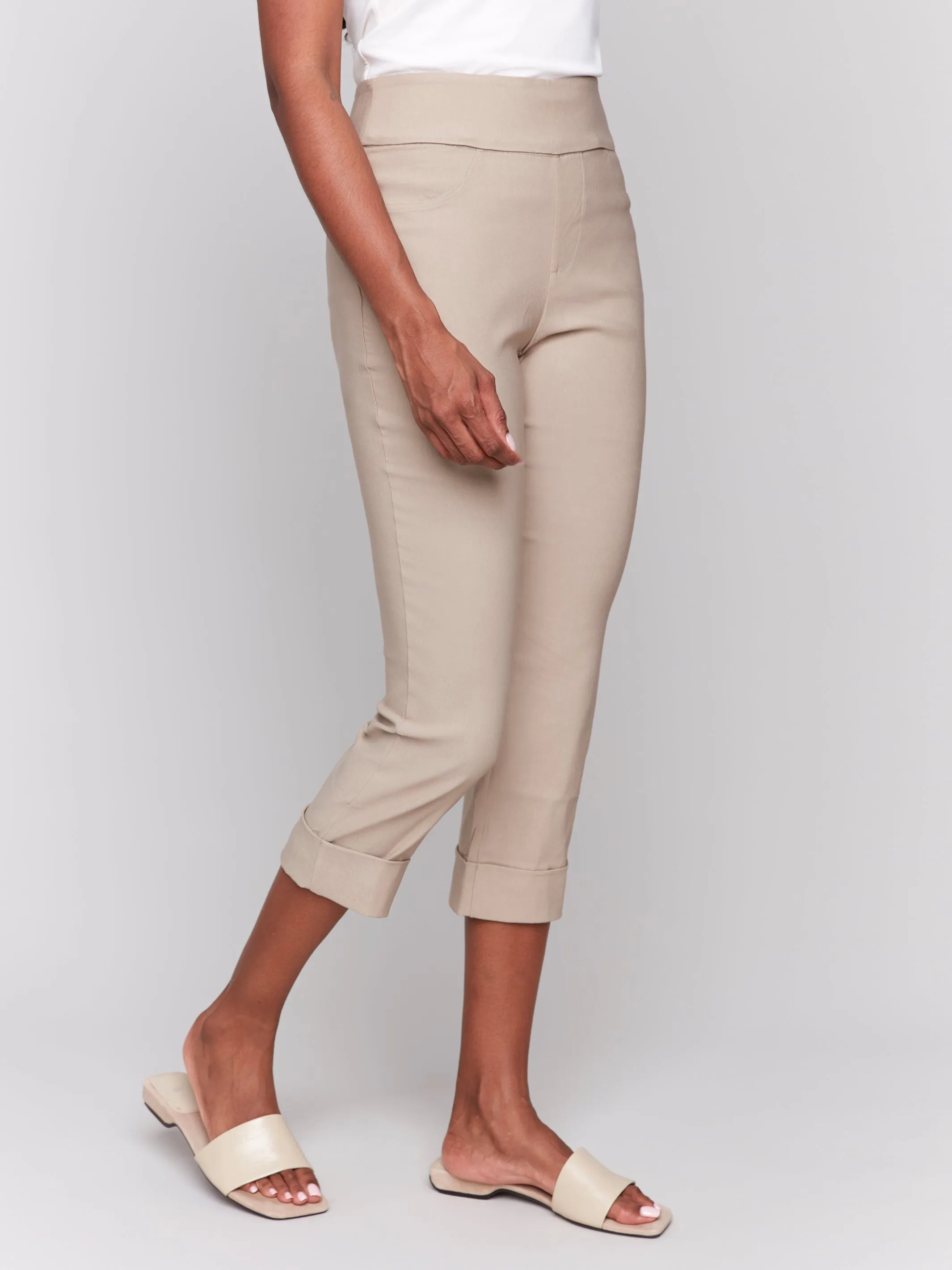 Solid Pull On Stretch Cropped Cuffed Pant