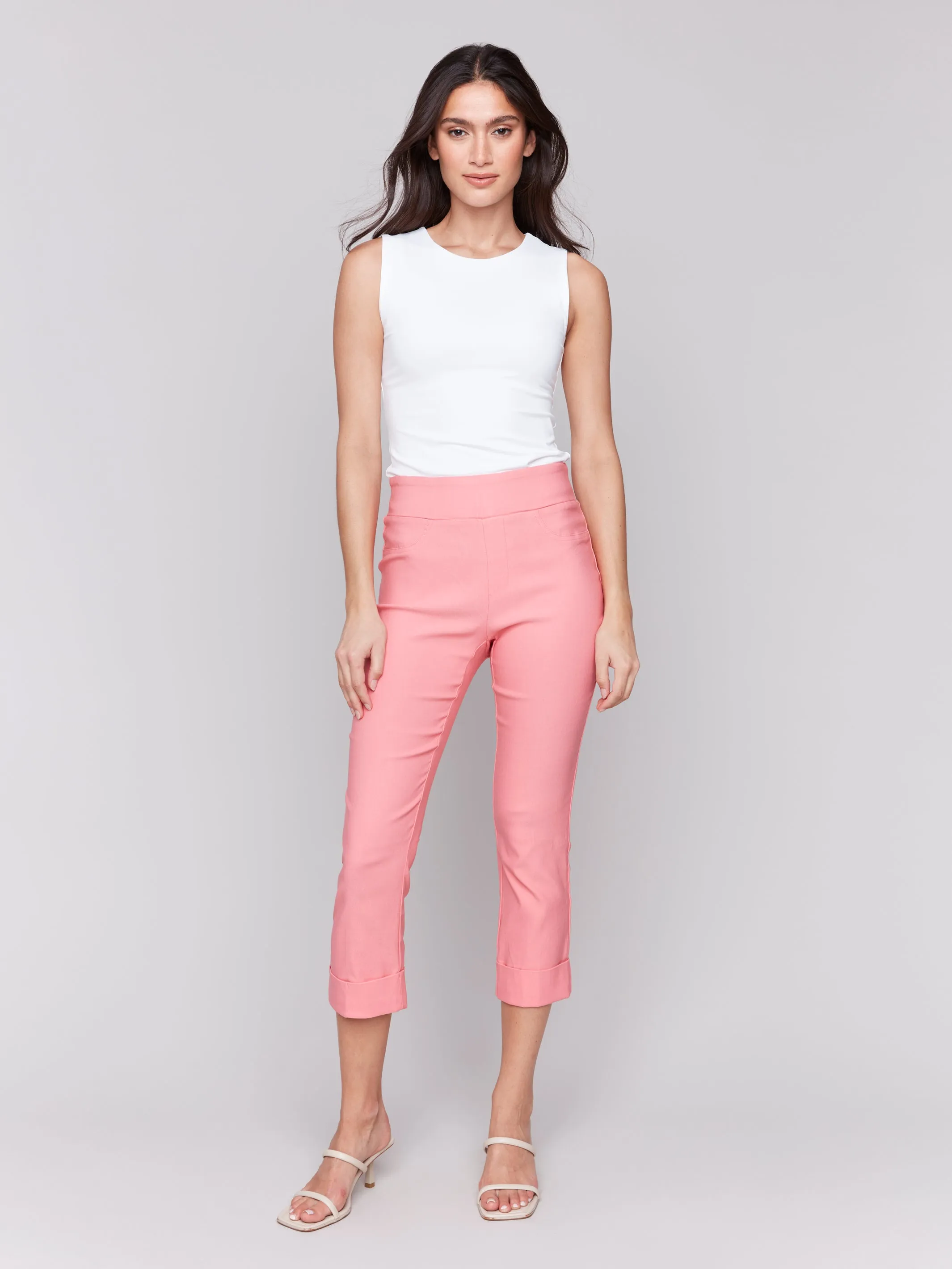 Solid Pull On Stretch Cropped Cuffed Pant