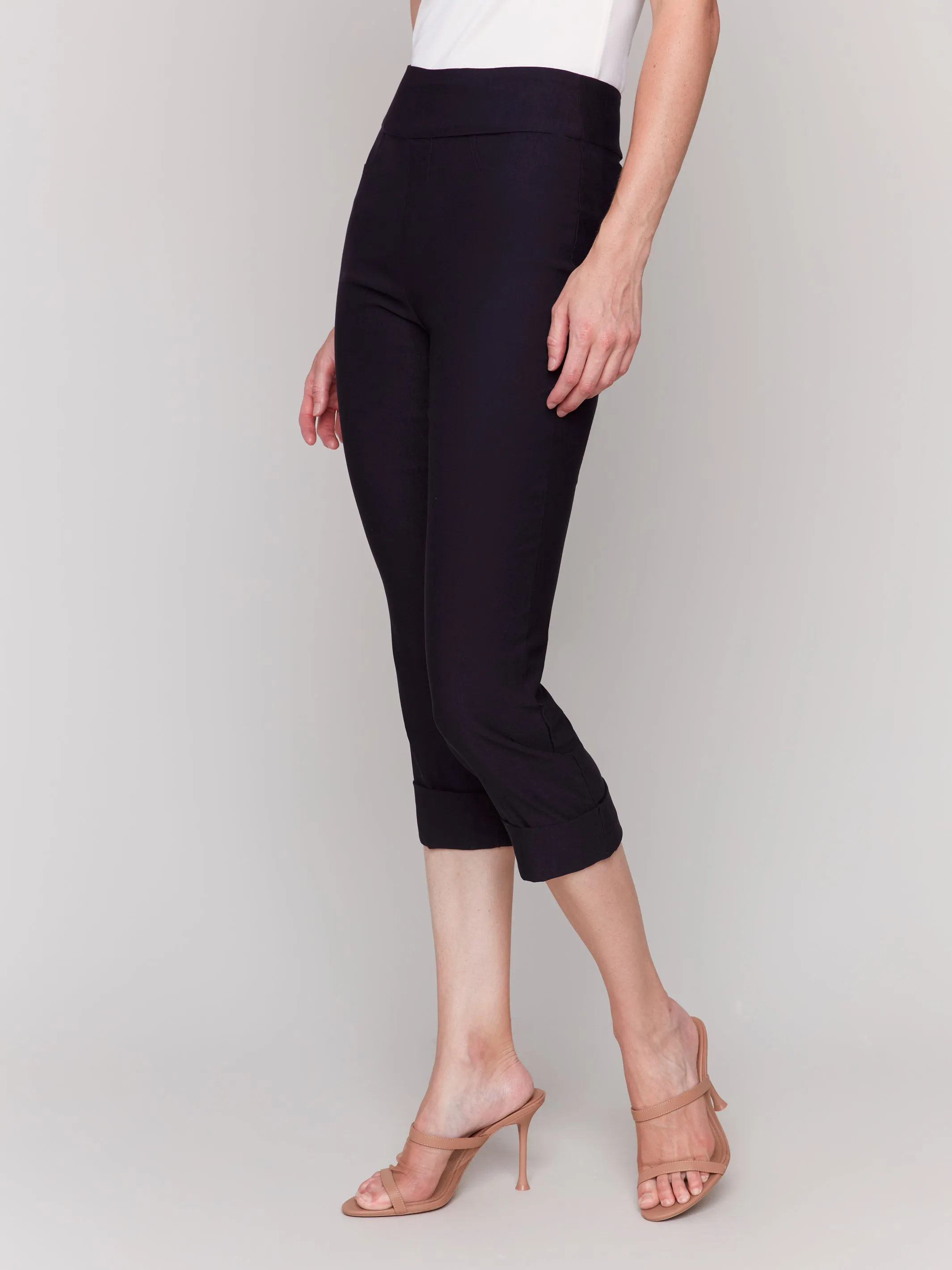 Solid Pull On Stretch Cropped Cuffed Pant