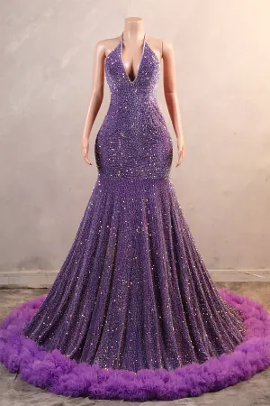 Sparkle Sequin Purple Halter V-neck Sleeveless Feathers Prom Dresses