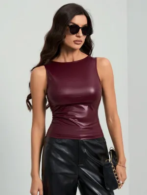 Tall Women's High Elastic PU Gathered Burgundy Vest, Tank Top